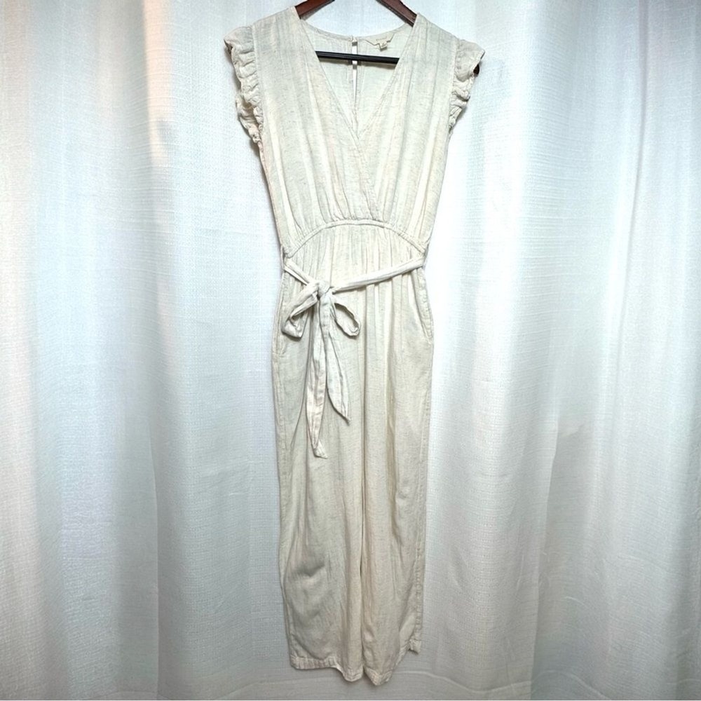 Sim & Sam Linen Blend Wide Leg Jumpsuit Ruffle Sleeve Tie Waist Boho Size Medium